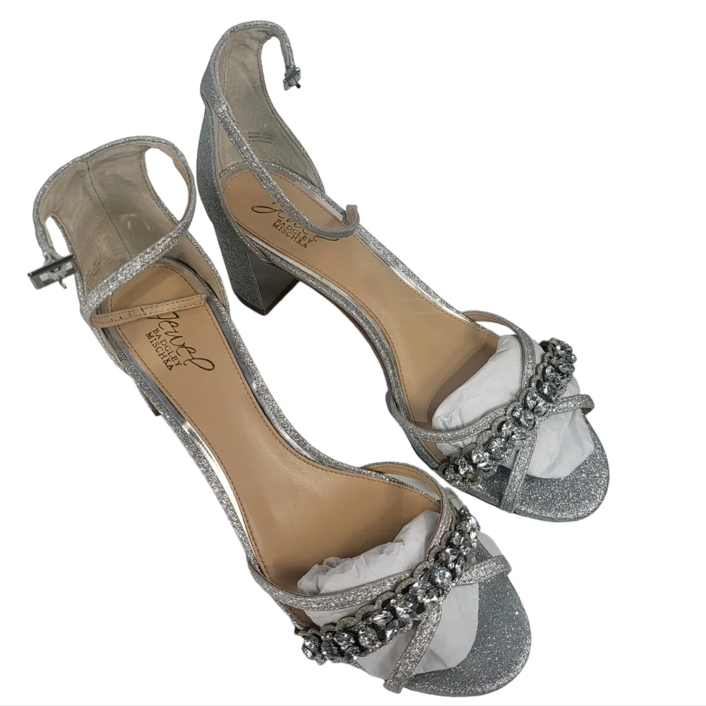 Jewel Badgley Mischka Giona Evening Sandals Silver Glitter 10 - Picture 7 of 8